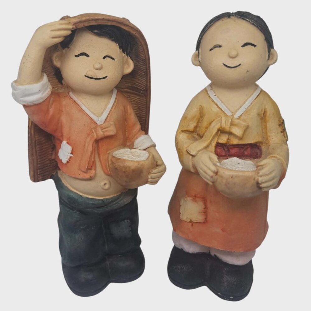 Pair of Oriental Decorative Resin Figurines Korean Village Boy and Village Girl